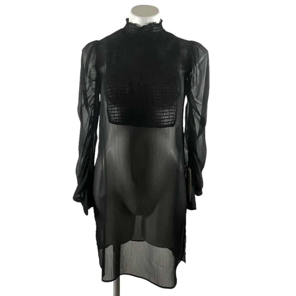Zara Black‎ Sheer Smocked High Neck Smocked Front Panel Ruched Sleeve Dress